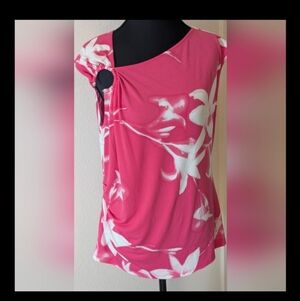 Calvin Klein Pink White Floral Asymmetrical Blouse Size Large